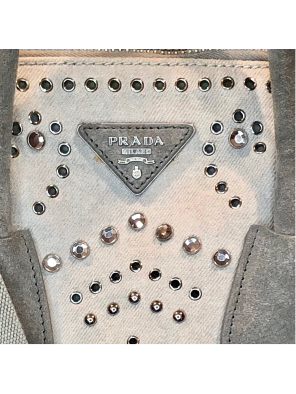 PRADA Canapa Bijoux 2-Way LT Grey Canvas Tote Bag Adorned with Crystals & Studs - Picture 3 of 17